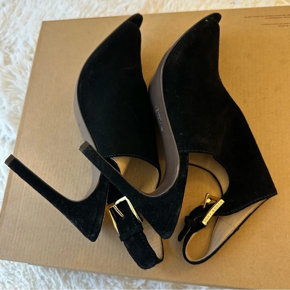 Tory Burch Britannia Black Suede Peep Toe Slingback Heels Women’s Size 8